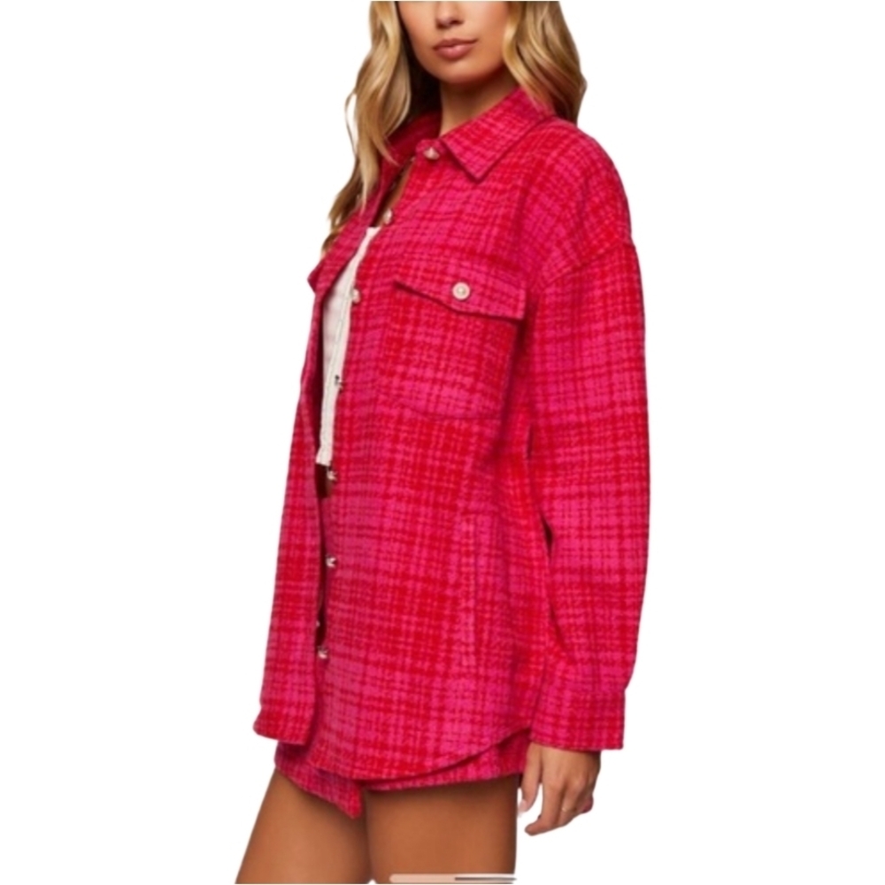 Forever 21 Vibrant Pink Plaid Oversized Faux Pearl Diamond Blazer Jacket Medium - Picture 2 of 13